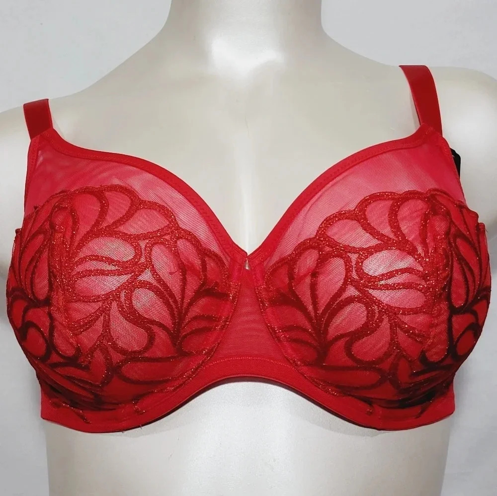 38D Paramour 115088 Lotus Embroidered Unlined Underwire Bra‎ Tango Red NWT